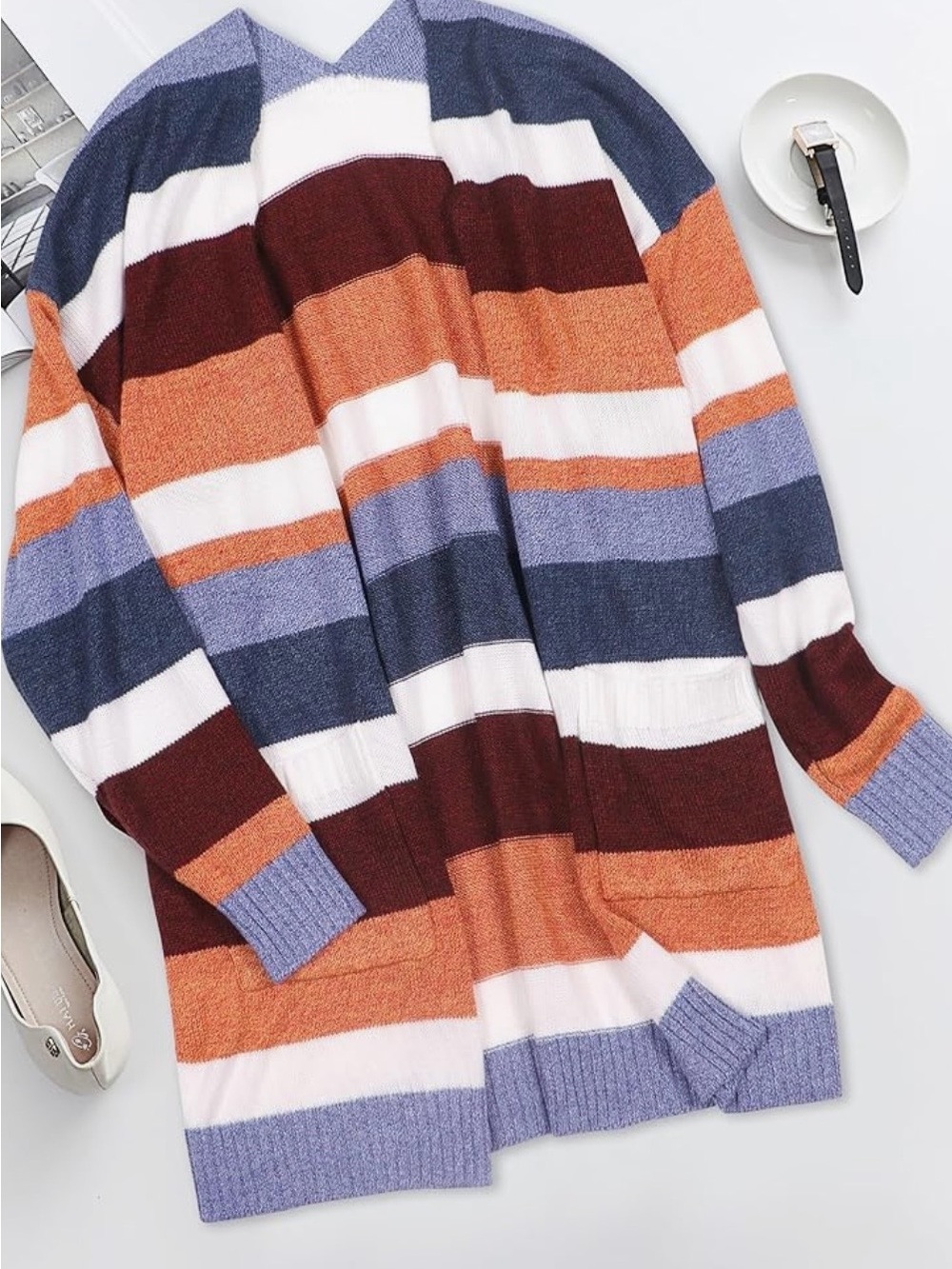 Striped Open-Front Women’s Cardigan in Rust, Navy & Lavender